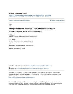 Background to the ANDRILL Mcmurdo Ice Shelf Project (Antarctica) and Initial Science Volume