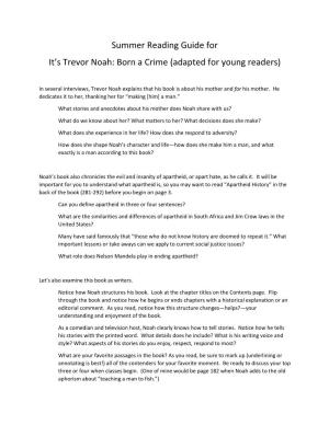 Summer Reading Guide for It's Trevor Noah: Born a Crime