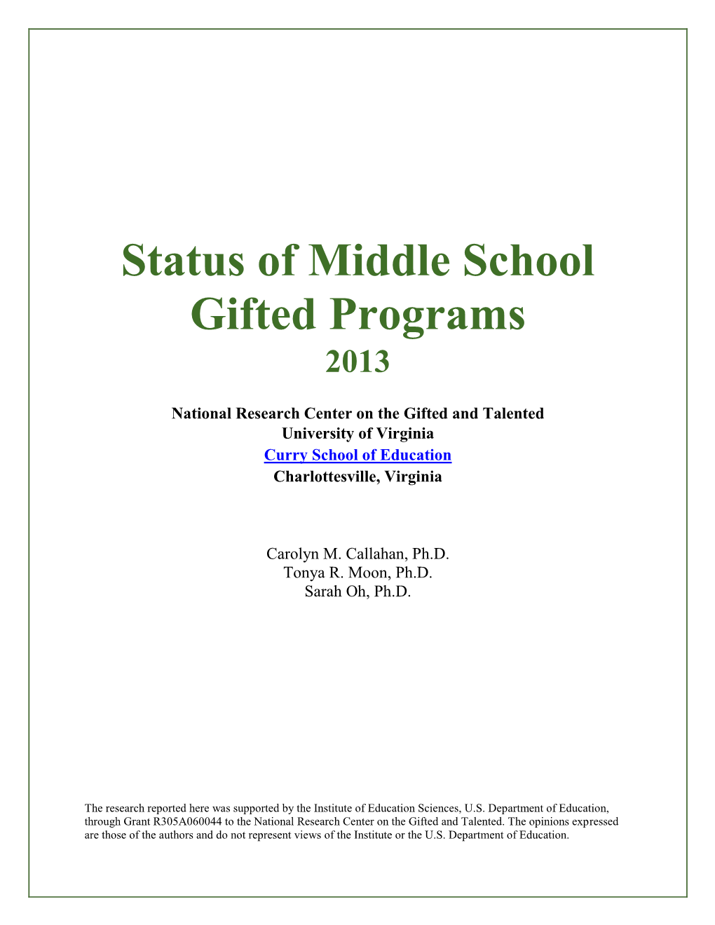 Status of Middle School Gifted Programs 2013