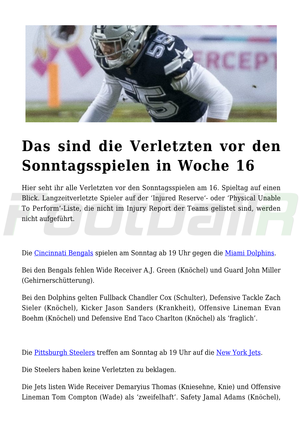 Das Sind Die Verletzten Vor Den Sonntagsspielen in Woche 16