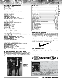 Quick Facts & Contents Table of Contents Supporting UNC Men's Golf the University of North Carolina Ca