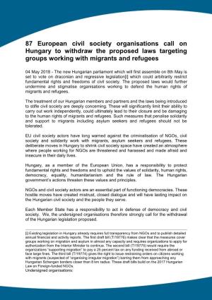 87 European Civil Society Organisations Call on Hungary to Withdraw the Proposed Laws Targeting Groups Working with Migrants and Refugees