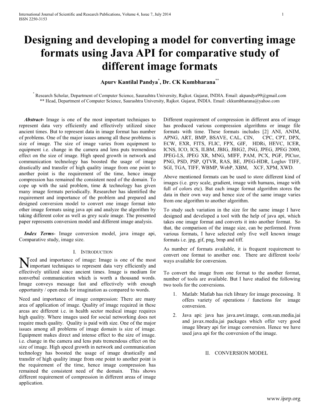 Designing and Developing a Model for Converting Image Formats Using Java API for Comparative Study of Different Image Formats