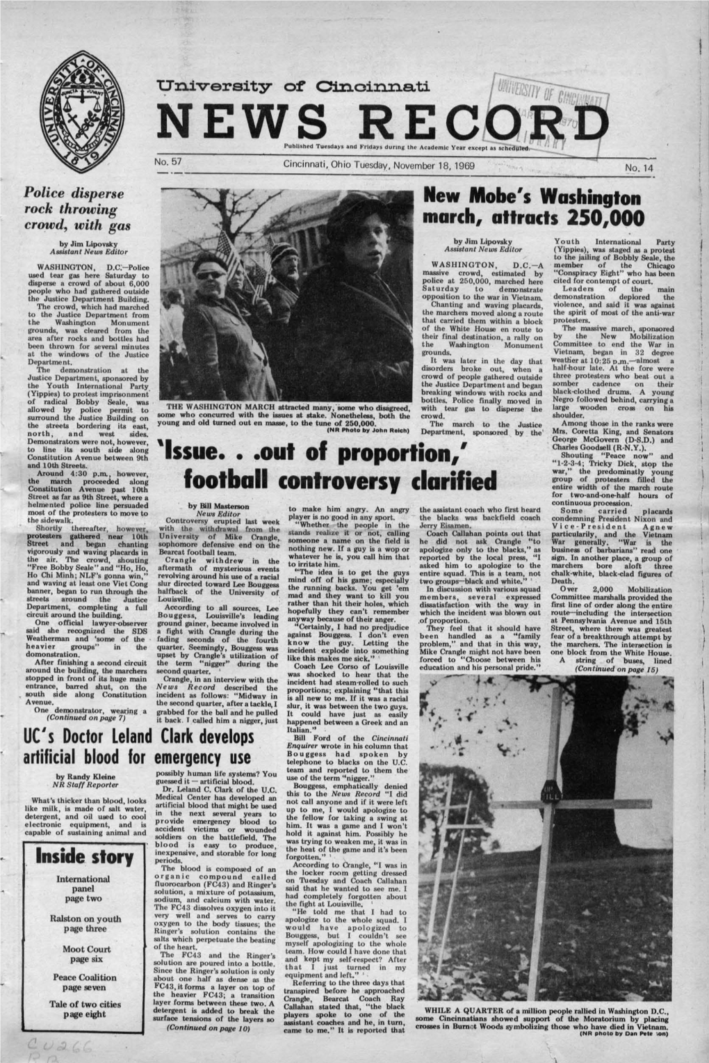 University of Cincinnati News Record. Tuesday, November 18, 1969. Vol