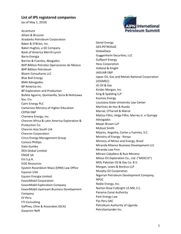 List of IPS Registered Companies (As of May 1, 2019)