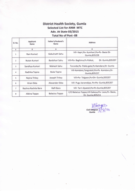 District Health Society, Gumla Selected List for ANM MTC Adv