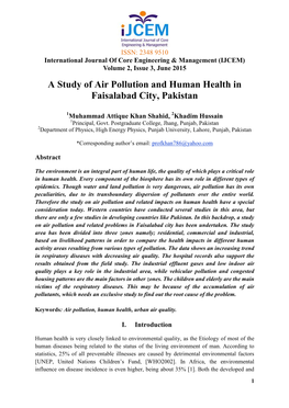A Study of Air Pollution and Human Health in Faisalabad City, Pakistan