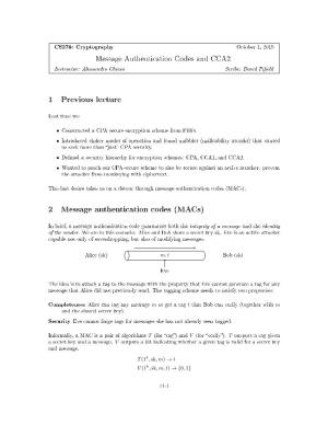 1 Previous Lecture 2 Message Authentication Codes (Macs)