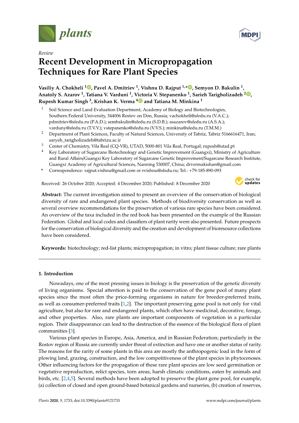 Recent Development in Micropropagation Techniques for Rare Plant Species