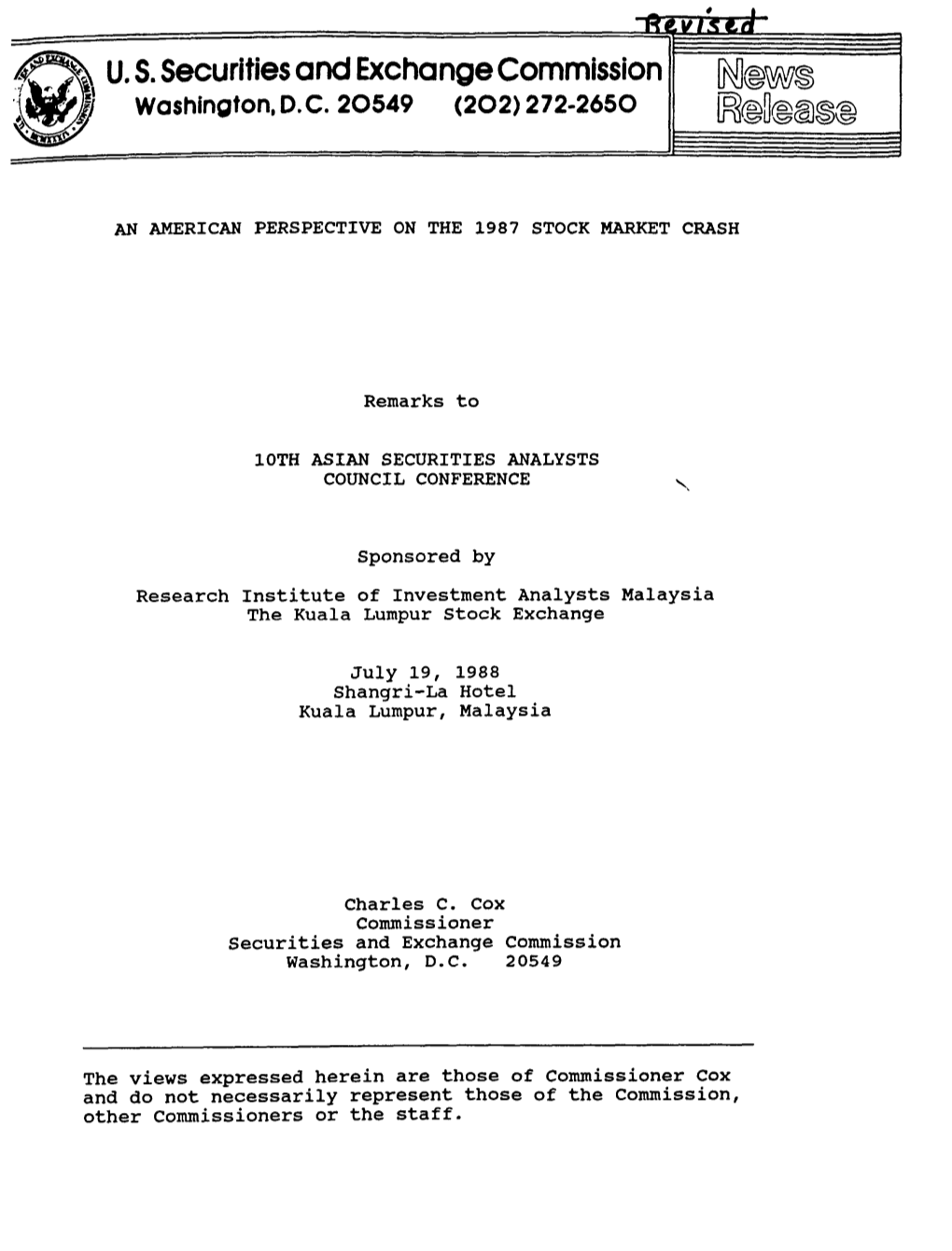 An American Perspective on the 1987 Stock Market Crash