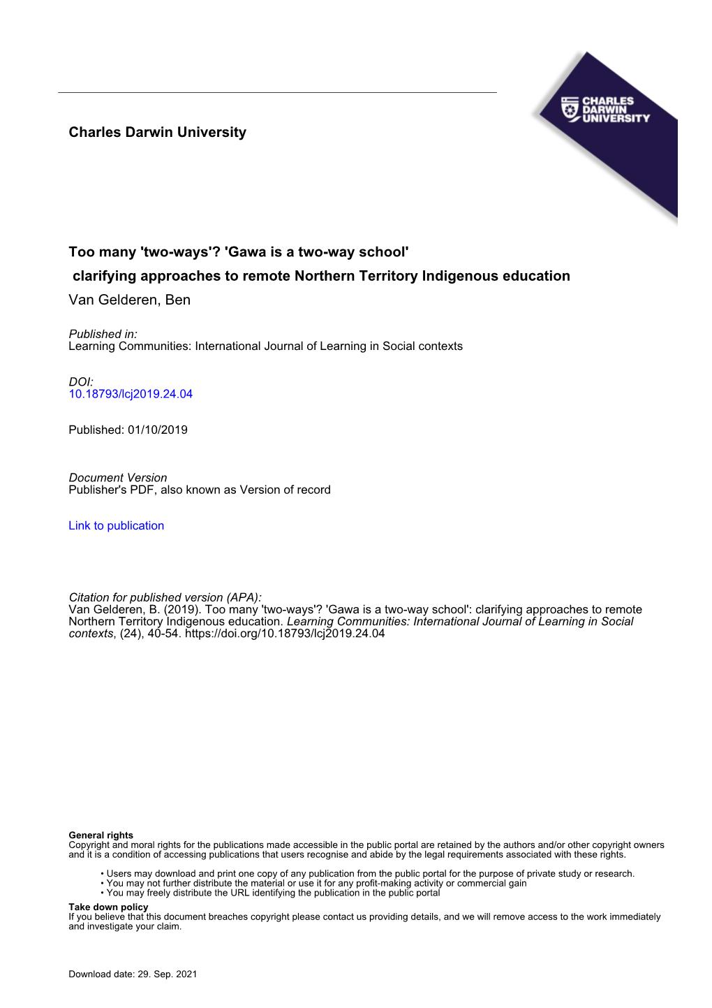 Clarifying Approaches to Remote Northern Territory Indigenous Education Van Gelderen, Ben