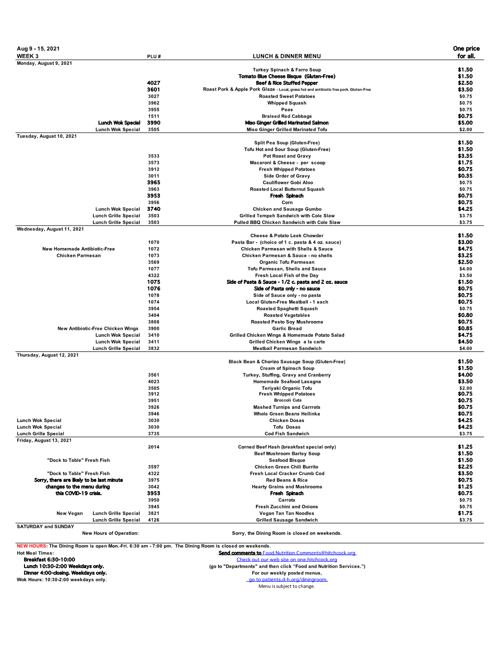 DHMC Cafeteria Menu: August 9 to 15, 2021