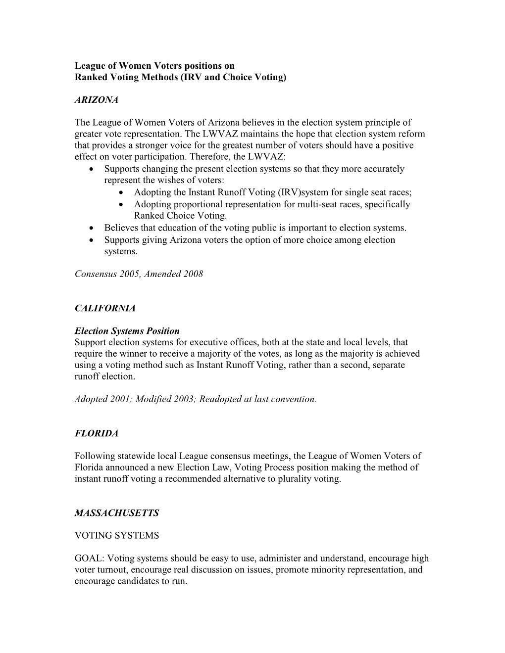 League of Women Voters Positions on Ranked Voting Methods (IRV and Choice Voting)