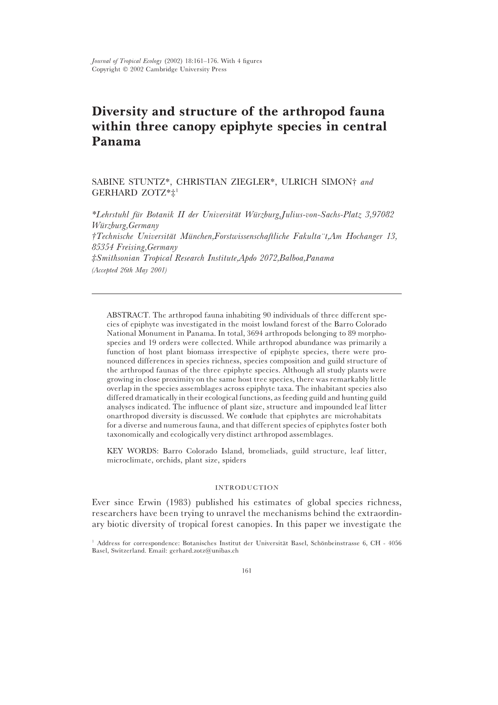 Diversity and Structure of the Arthropod Fauna Within Three Canopy Epiphyte Species in Central Panama