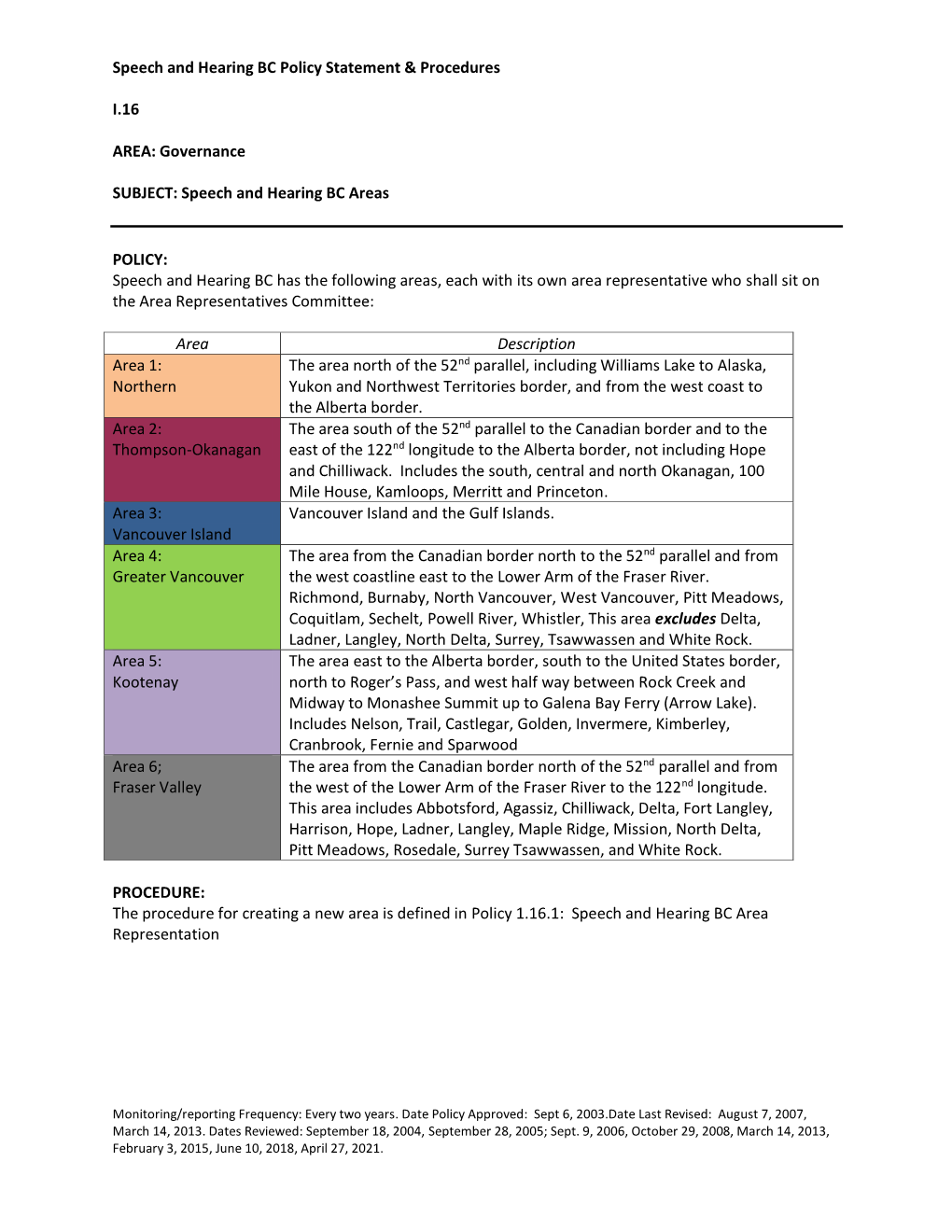 Speech and Hearing BC Policy Statement & Procedures I.16 AREA: Governance SUBJECT: Speech and Hearing BC Areas POLICY: Speec