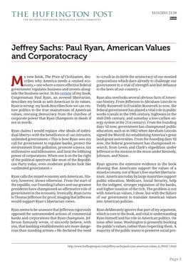 Jeffrey Sachs: Paul Ryan, American Values and Corporatocracy