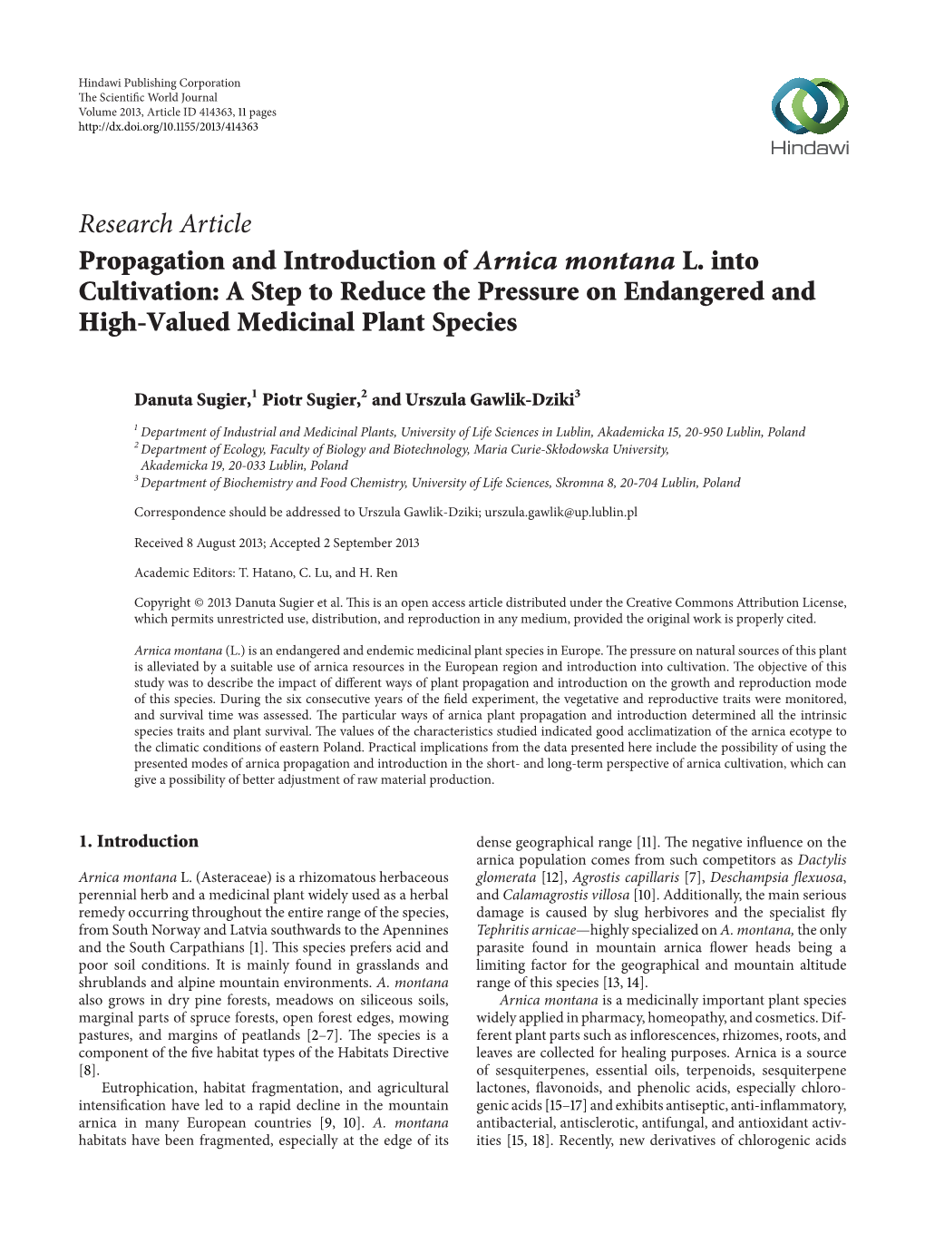 Research Article Propagation and Introduction of Arnica Montana L