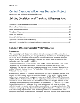 Central Cascades Wilderness Strategies Project Deschutes and Willamette National Forests Existing Conditions and Trends by Wilderness Area