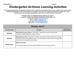 Kindergarten At-Home Learning Activities