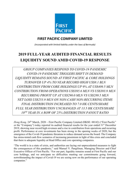 First Pacific 2019 Full-Year Audited Financial Results, Liquidity Sound