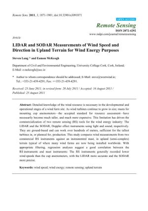 LIDAR and SODAR Measurements of Wind Speed and Direction in Upland Terrain for Wind Energy Purposes