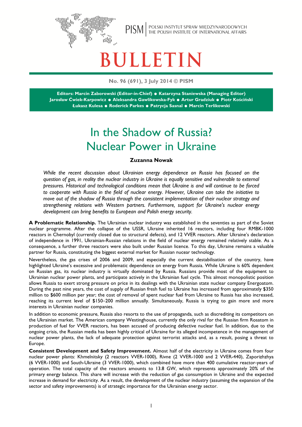 In the Shadow of Russia? Nuclear Power in Ukraine Zuzanna Nowak