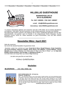 HILLBILLIE GUESTHOUSE Newsletter März / April 2021 Klaus