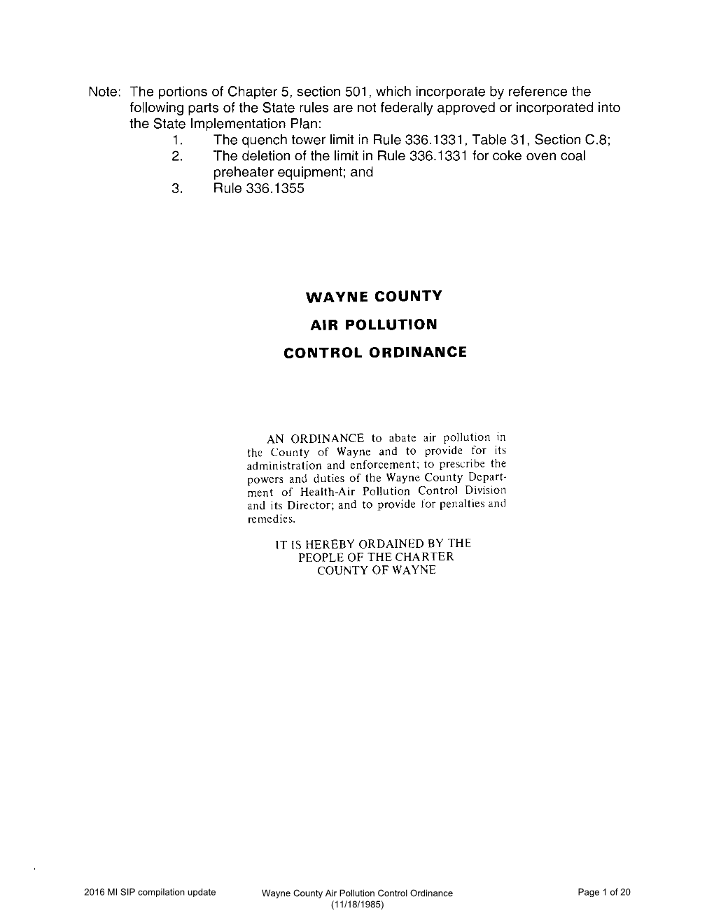 Wayne County Air Pollution Control Ordinance Page 1 of 20 (11/18/1985) TABLE of CONTENTS