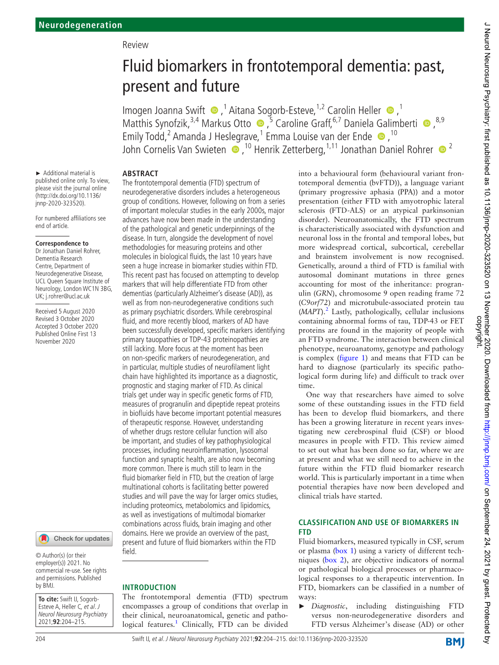 Fluid Biomarkers in Frontotemporal Dementia: Past, Present and Future