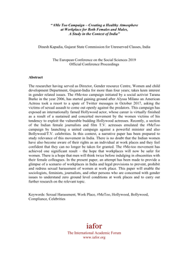 “ #Me Too Campaign – Creating a Healthy Atmosphere at Workplace for Both Females and Males, a Study in the Context of India”