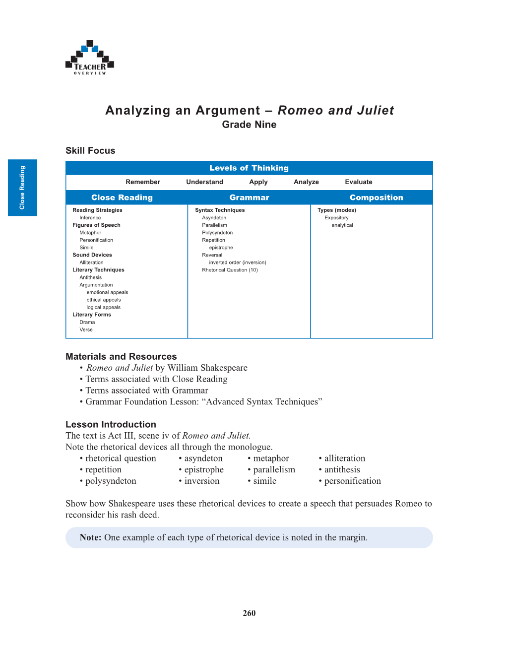 Analyzing an Argument – Romeo and Juliet Grade Nine