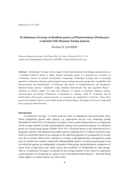 Evolutionary Leverage of Dissilient Genera of Pleuroweisieae (Pottiaceae) Evaluated with Shannon-Turing Analysis