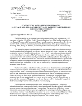 NATHAN LEWIN in SUPPORT of MARYLAND BILL REGARDING REMOVAL of BARRIERS to REMARRIAGE in DIVORCE PROCEEDINGS February 20, 2020