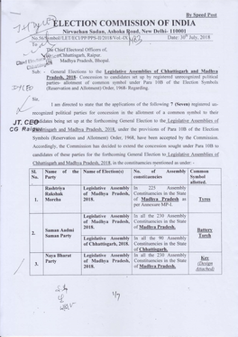 TECTION COMMISSION of INDIA Nirvachan Sadan, Ashoka Oado Hlew Delhi- 110001 J..Io.56L M Oi//LET/ECI/PP/PPS -Lll2}L 8/Vol.-IX Date: 30T July
