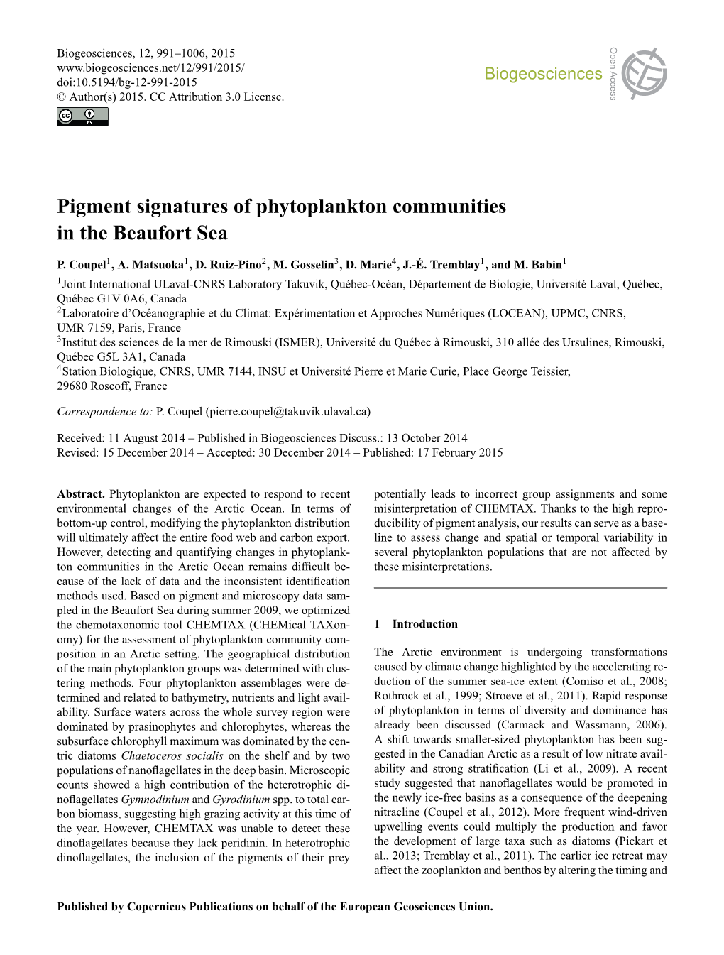 Pigment Signatures of Phytoplankton Communities in the Beaufort Sea