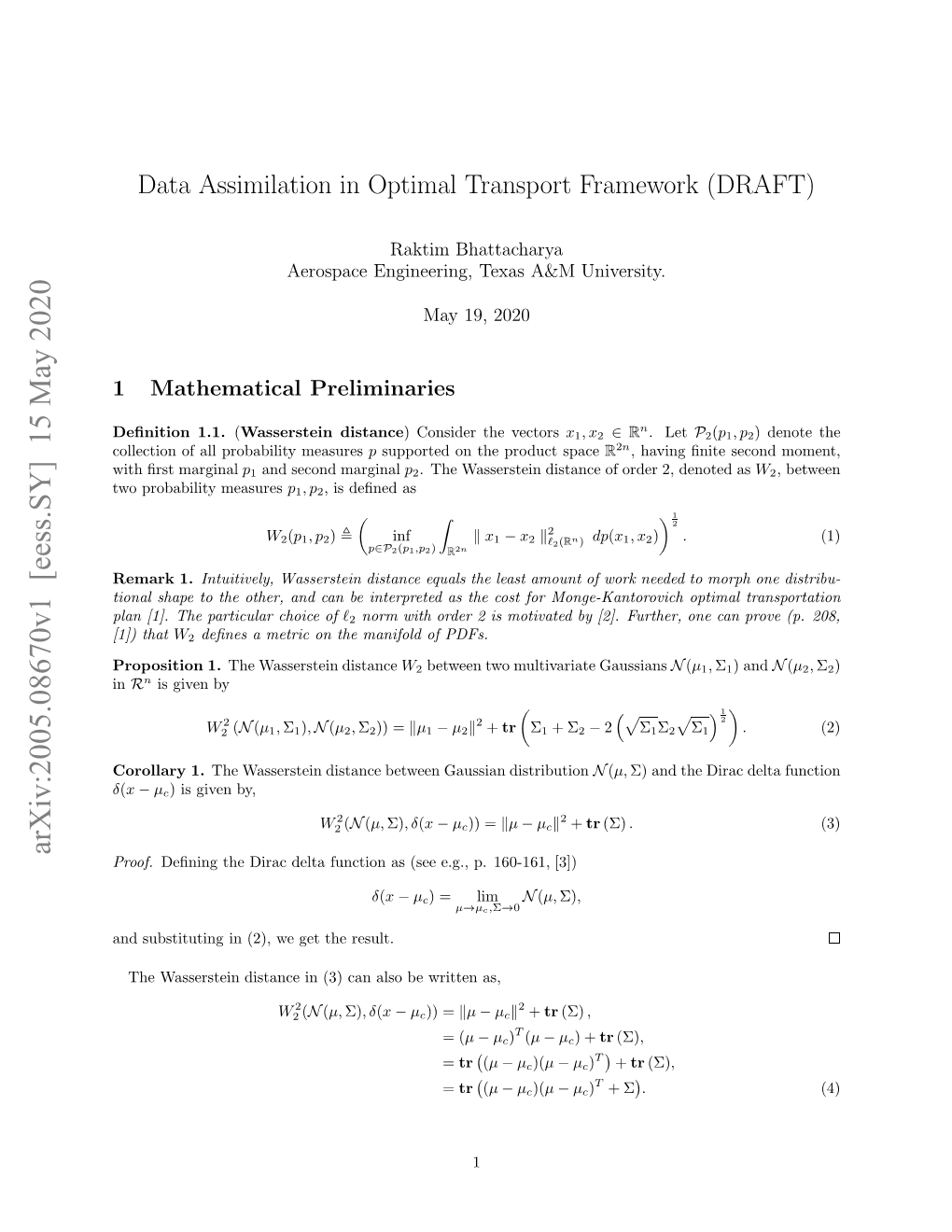 Data Assimilation in Optimal Transport Framework