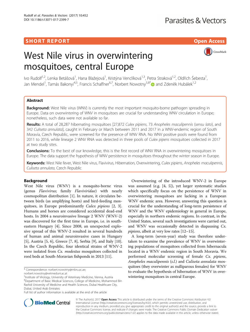 West Nile Virus in Overwintering Mosquitoes, Central Europe