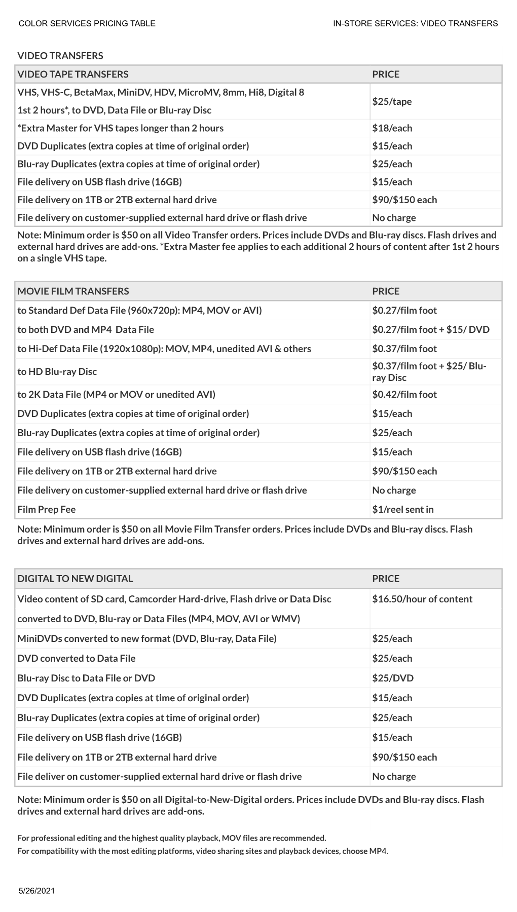 Color Services Pricing Table In-Store Services: Video Transfers