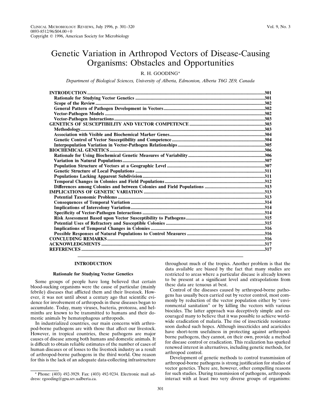 Genetic Variation in Arthropod Vectors of Disease-Causing Organisms: Obstacles and Opportunities R