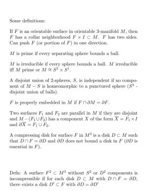 Some Definitions: If F Is an Orientable Surface in Orientable 3-Manifold M