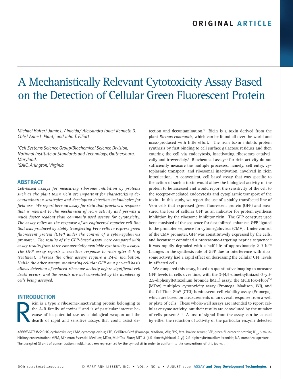 A Mechanistically Relevant Cytotoxicity Assay Based on the Detection of Cellular Green Fluorescent Protein