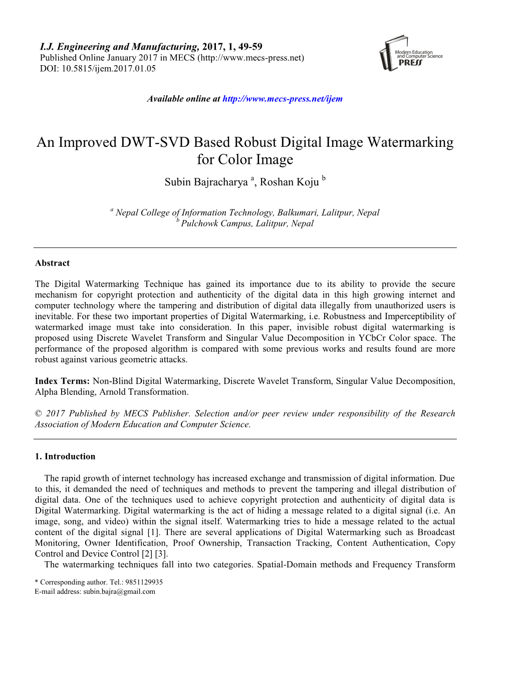 An Improved DWT-SVD Based Robust Digital Image Watermarking For Color ...