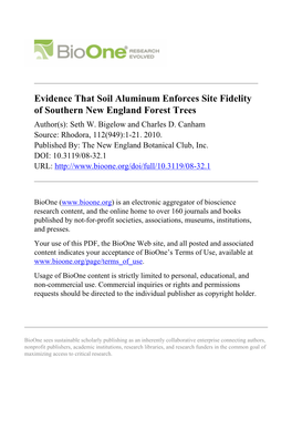 Evidence That Soil Aluminum Enforces Site Fidelity of Southern New England Forest Trees Author(S): Seth W