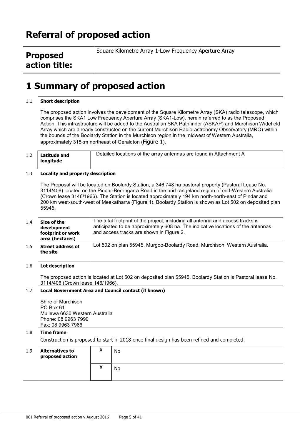 Referral of Proposed Action 1 Summary of Proposed Action