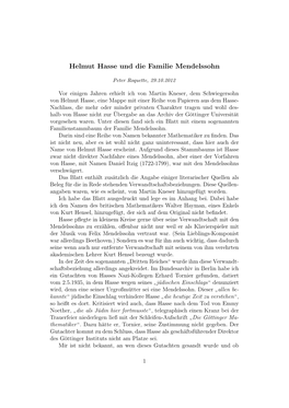 Helmut Hasse Und Die Familie Mendelssohn