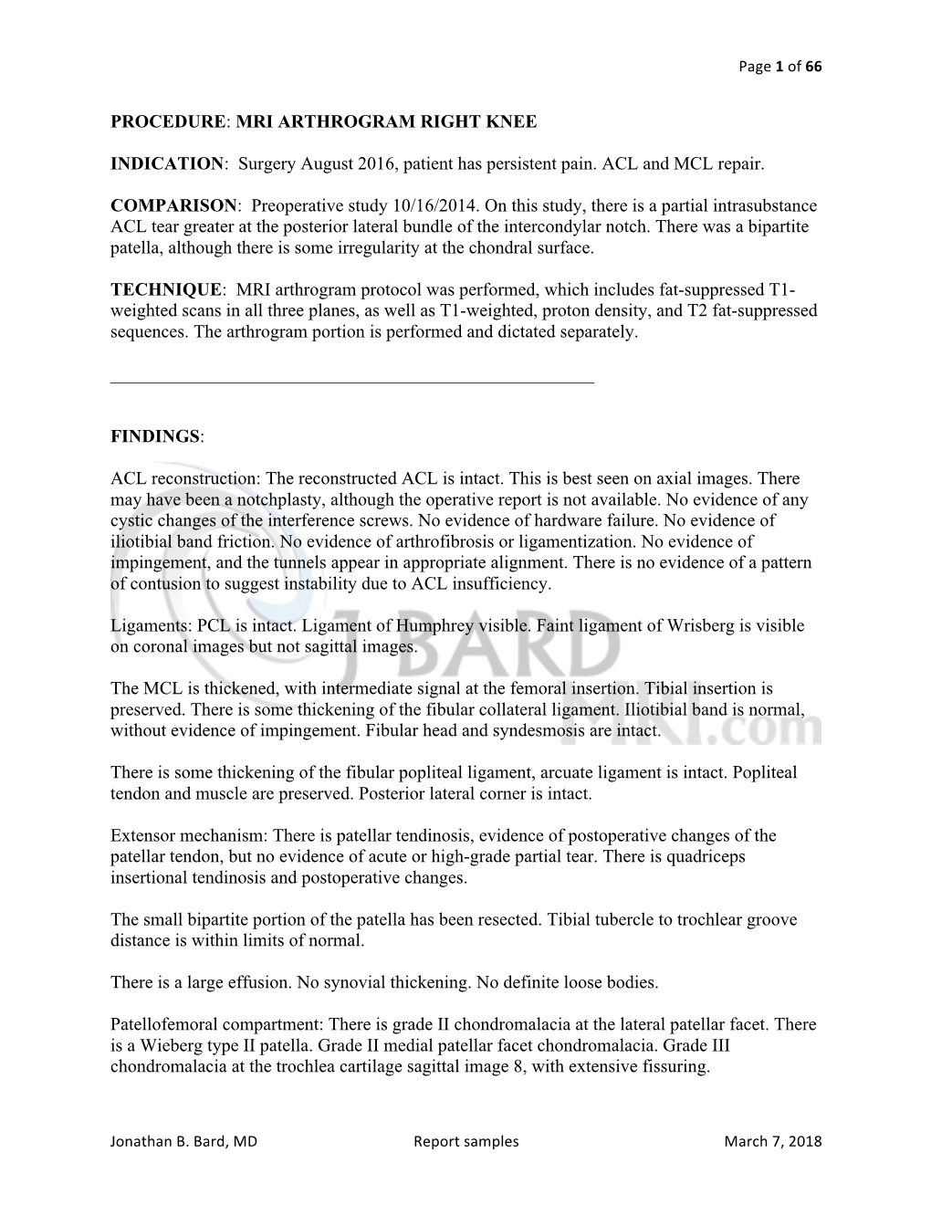 Procedure: Mri Arthrogram Right Knee Indication