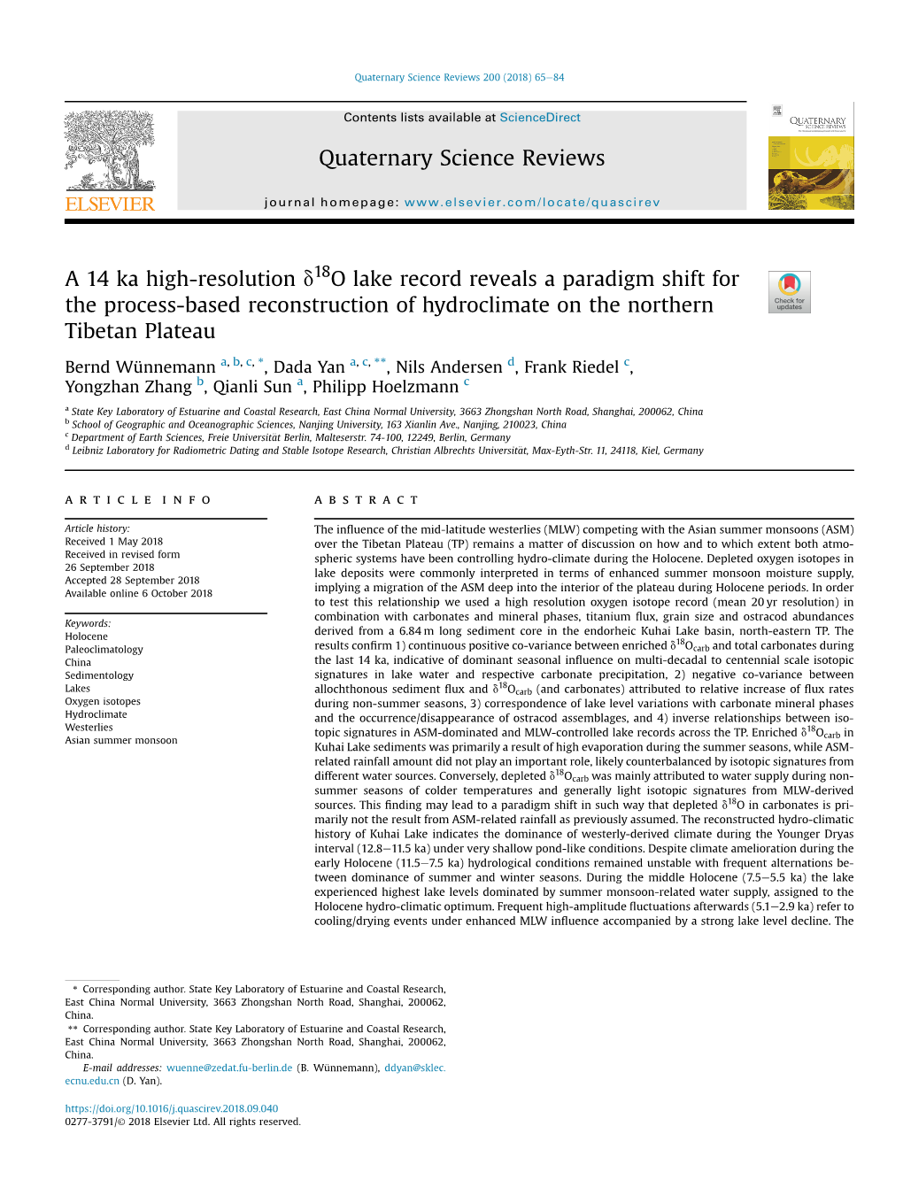 A 14 Ka High-Resolution &Delta;18O Lake Record Reveals a Paradigm Shift