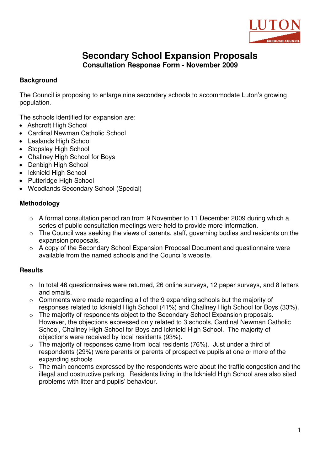 Secondary School Expansion Proposals Consultation Response Form - November 2009