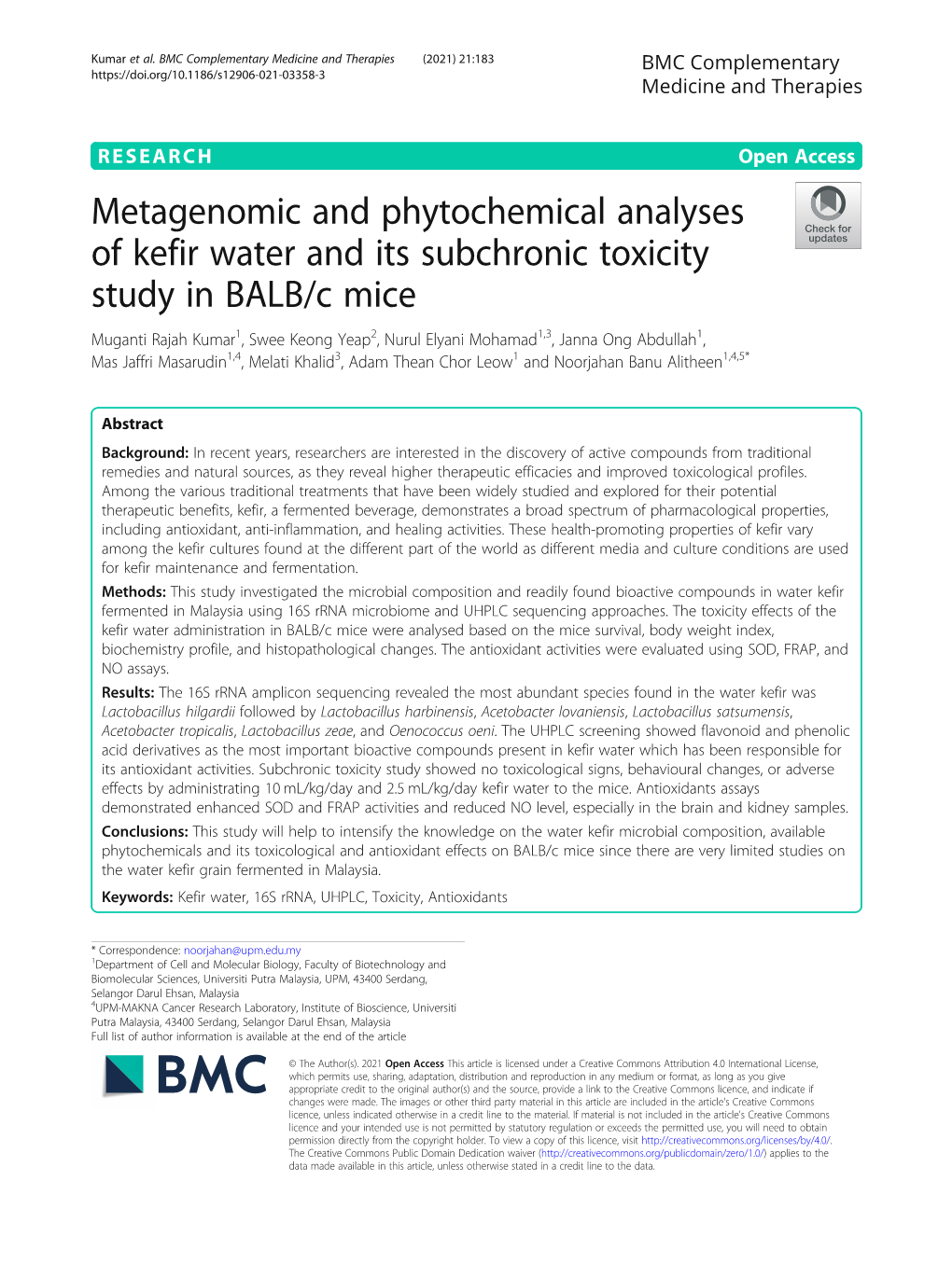 Metagenomic and Phytochemical Analyses of Kefir Water and Its Subchronic Toxicity Study in BALB/C Mice