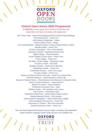 Oxford Open Doors 2020 Programme All VIRTUAL Events Going Live at 10Am on Saturday 12Th September Until 6Pm on Sunday 13Th September